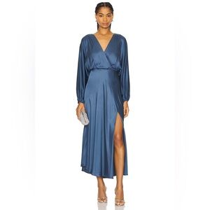 ASTR Kimiko V-Neck Midi Dress in Slate Blue Size medium Satin